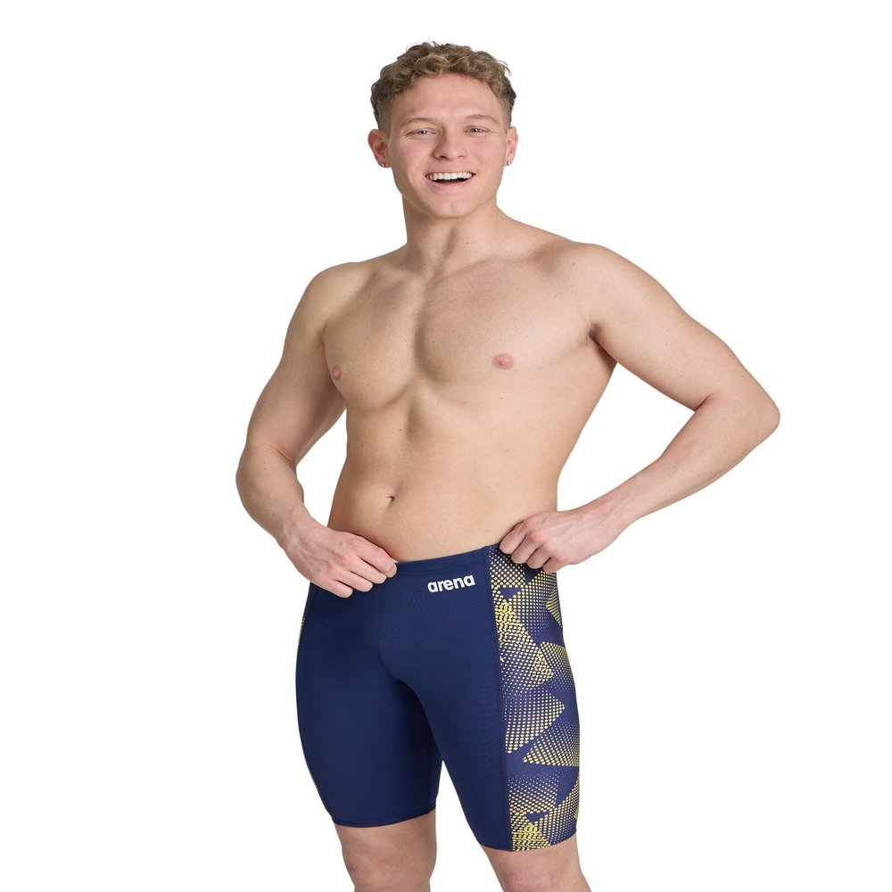ARENA Men's Swim Jammer Halftone Team Print, MaxLife Athletic Swimwear, Professional Training Swimsuit, Sports Bathing Suit, Navy/Team Navy Yellow, US Size 22