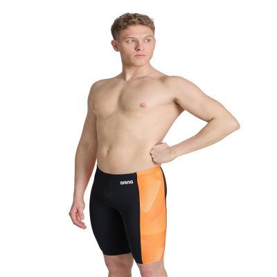 ARENA Men's Swim Jammer Halftone Team Print MaxLife Athletic Swimwear Professional Training Swimsuit Sports Bathing Suit, Black/Team Orange, US Size 28