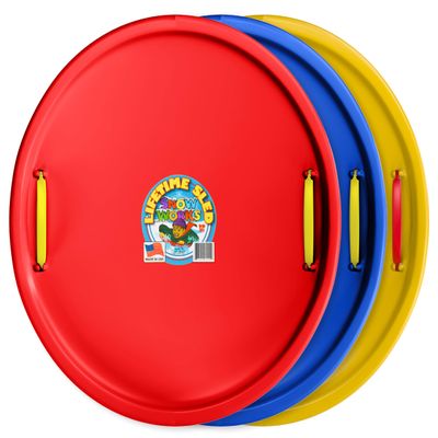 Snow Works 27" Lifetime Saucer Sled - Durable High-Density Plastic, Handles, Ideal for Adults, Kids, and Teens - 1 Person Snow Sled for Kids and Adults (Red/Yellow/Blue Pack of 3)
