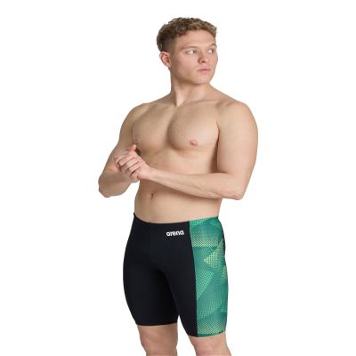 ARENA Men's Swim Jammer Halftone Team Print MaxLife Athletic Swimwear Professional Training Swimsuit Sports Bathing Suit, Black/Team Green, US Size 20