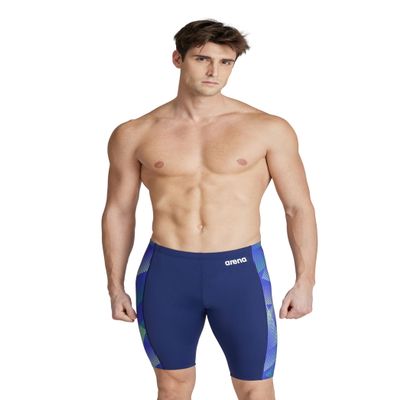 ARENA Men's Swim Jammer Halftone Team Print MaxLife Athletic Swimwear Professional Training Swimsuit Sports Bathing Suit, Navy/Team Blue Green, US Size 36