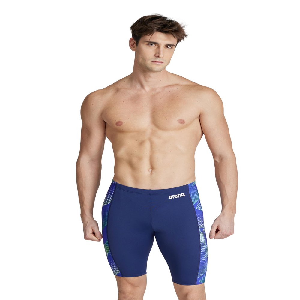 ARENA Men's Swim Jammer Halftone Team Print MaxLife Athletic Swimwear Professional Training Swimsuit Sports Bathing Suit, Navy/Team Blue Green, US Size 36