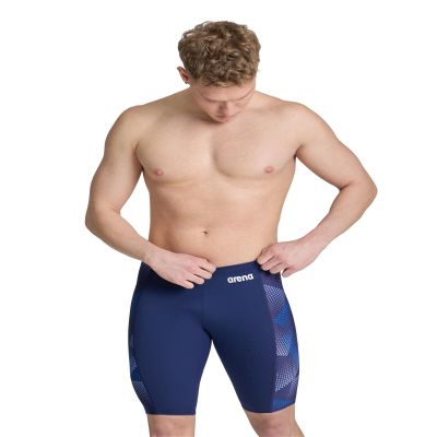ARENA Men's Swim Jammer Halftone Team Print MaxLife Athletic Swimwear Professional Training Swimsuit Sports Bathing Suit, Navy/Team Navy, US Size 20