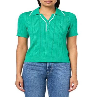 Adrianna Papell Diffusion Women's Open V-Neck Polo Mix Rib Cable Sweater with Short Sleeves, Simply Green/Ivory, XL