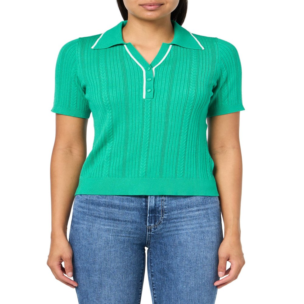 Adrianna Papell Diffusion Women's Open V-Neck Polo Mix Rib Cable Sweater with Short Sleeves, Simply Green/Ivory, XL