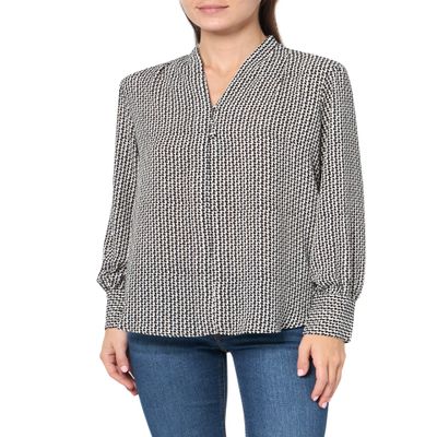 Adrianna Papell Diffusion Women's Printed Button V-Neck Blouse, Ivory/Black Sketch Geo, XL