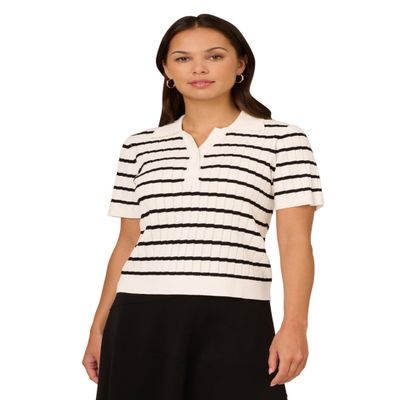 Adrianna Papell Diffusion Women's Pointelle Short Sleeve Polo Striped V-Placket Sweater, Ivory/Black, S