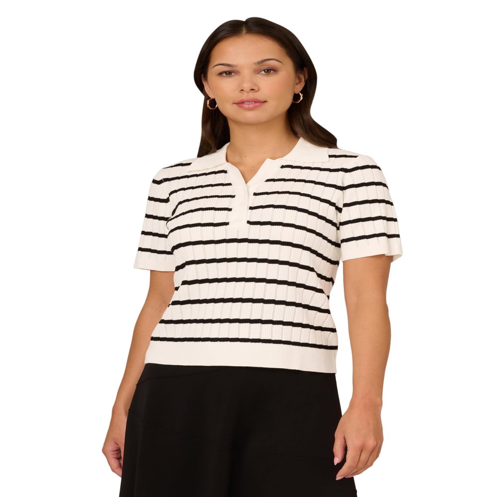 Adrianna Papell Diffusion Women's Pointelle Short Sleeve Polo Striped V-Placket Sweater, Ivory/Black, S
