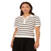 Adrianna Papell Diffusion Women's Pointelle Short Sleeve Polo Striped V-Placket Sweater, Ivory/Black, S view 1