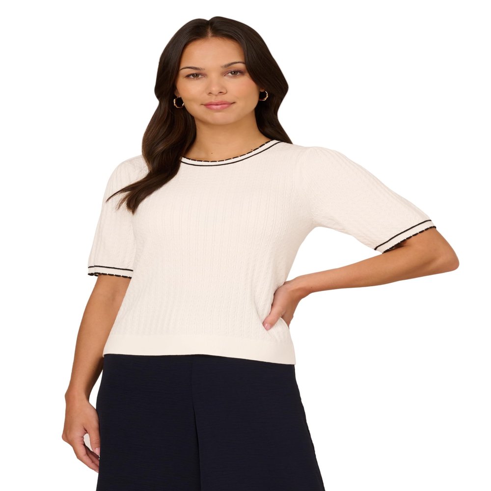 Adrianna Papell Diffusion Women's Crew Neck Cable Scalloped Edge Tipped Short Sleeve Sweater, Ivory/Black, L