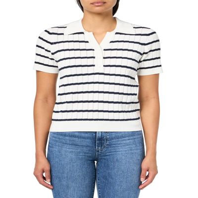 Adrianna Papell Diffusion Women's Pointelle Short Sleeve Polo Striped V-Placket Sweater, Ivory/Navy, M