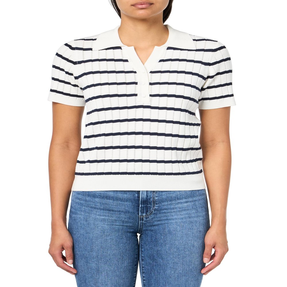 Adrianna Papell Diffusion Women's Pointelle Short Sleeve Polo Striped V-Placket Sweater, Ivory/Navy, M