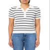 Adrianna Papell Diffusion Women's Pointelle Short Sleeve Polo Striped V-Placket Sweater, Ivory/Navy, M