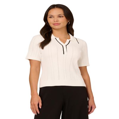 Adrianna Papell Diffusion Women's Open V-Neck Polo Mix Rib Cable Sweater with Short Sleeves, Ivory/Black, S