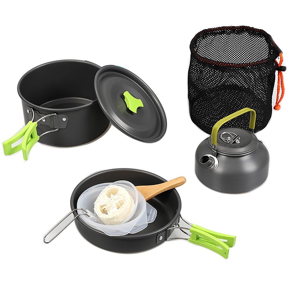 Camping Cookware Set, Portable Camping Cookware with Non-Stick Camping Pan for Camping Hiking Picnic (Color : Green)