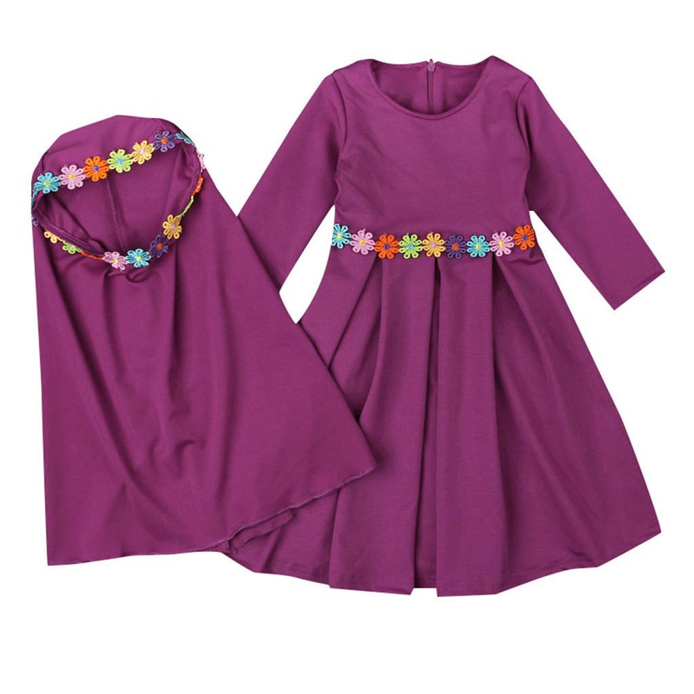 Baby Muslim Prayer Dress with Hijab for Toddler Girls Abaya Set Full Length Islami Arabic Kaftan (Hot Pink, 4-5 Years)