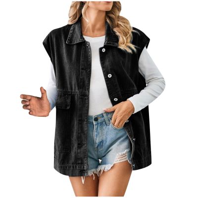 Womens Denim Jean Vest Classic Mid Long Button Up Shirts Cropped Distressed Sleeveless Jean Jacket Fashion Fall Outfits