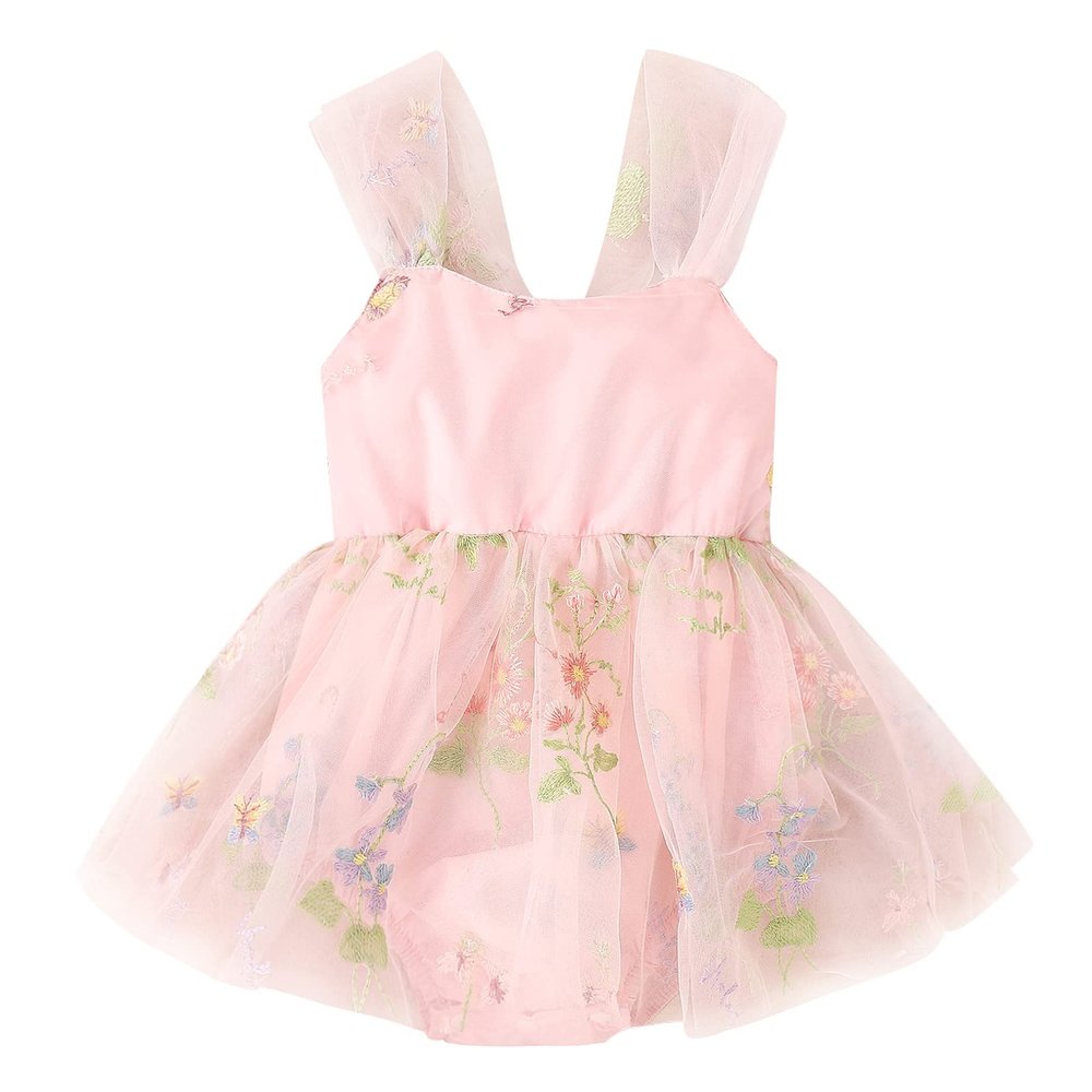 Baby Girl 1st Birthday Outfit Baby Flower Girl Dress Newborn Floral Embroidered Tulle Romper Infant Sleeveless Princess Tutu Dress Photoshoot Cake Smash Outfits Light Pink Embroidery 9-12 Months