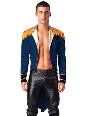 Moggemol Men Circus Ringmaster Showman Jacket Tailcoat Lion Tamer Costume Cosplay Party Velvet Swallow-Tailed Coat Dark Blue 3X-Large