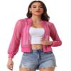Allegra K Glitter Mesh Bomber Jacket for Women's Shiny Long Sleeve Party Club Zip Up Sheer Jackets X-Small Hot Pink