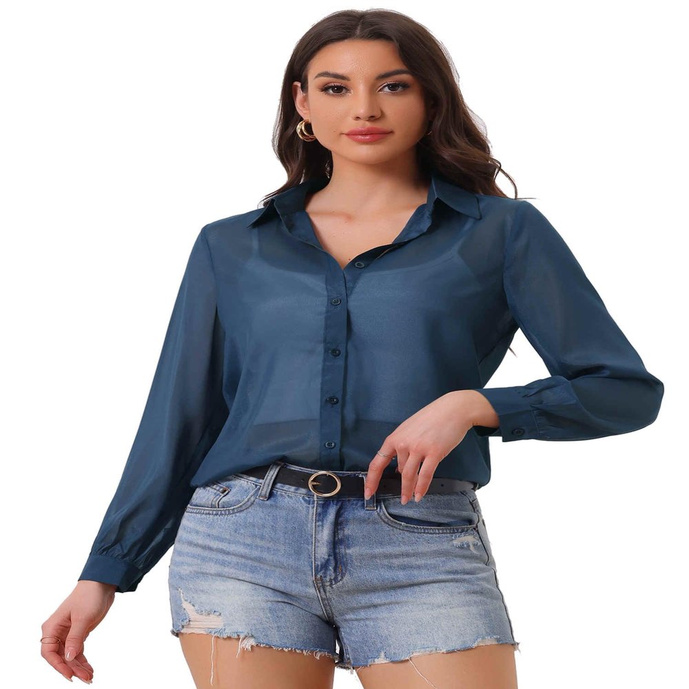 Allegra K Sheer Button Up Blouse for Women's See Through Mesh Long Sleeve Shirt Tops X-Large Dark Blue