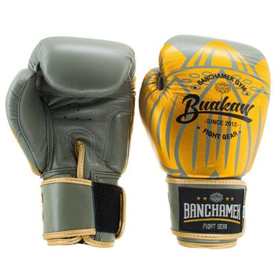 BUAKAW Muay Thai Boxing Gloves, Pro Training & Sparring, for Men & Women | Premium Quality Leather Kickboxing, MMA, Punching Bag Gloves (Gray/Gold, 12 Oz)