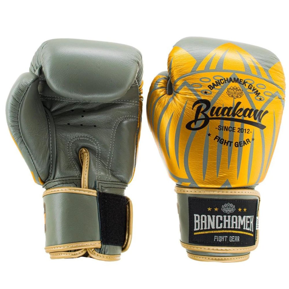 BUAKAW Muay Thai Boxing Gloves, Pro Training & Sparring, for Men & Women | Premium Quality Leather Kickboxing, MMA, Punching Bag Gloves (Gray/Gold, 12 Oz)