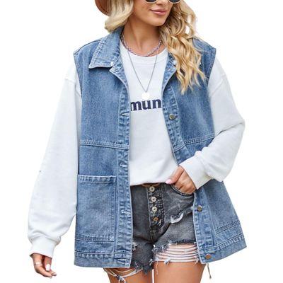 FindThy Womens Vintage Denim Jean Vest Oversized Button Down Jean Waistcoat Gilet(1481-03Blue-S-LB)