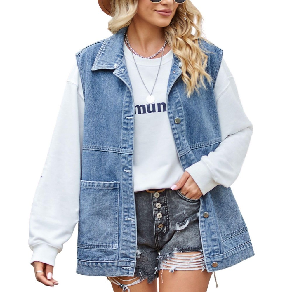 FindThy Womens Vintage Denim Jean Vest Oversized Button Down Jean Waistcoat Gilet(1481-03Blue-S-LB)