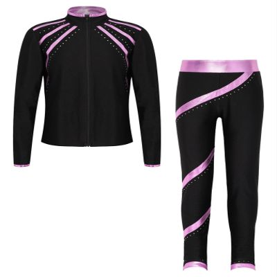 Hansber Kids Girls 2Pcs Figure Skating Suit Ice Skating Jacket with Practice Leggings Criss Cross Ice Skating Pants Set Pink 14 Years