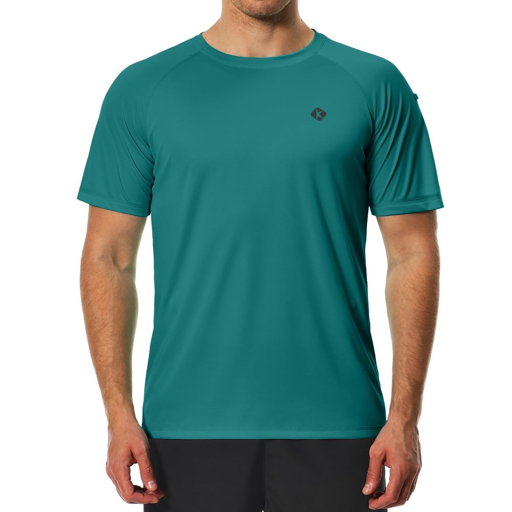 Men's Swim Shirts Quick Dry Rash Guard UPF 50+ Sun Protection Fishing Beach Water Shirts Short Sleeve Emerald Green