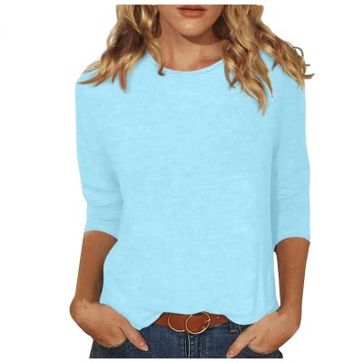 3/4 Sleeve Tops for Women Round Neck Loose Casual Tee Shirts Trendy Three Quarter Length Shirts Cotton Ethnic Solid Tunic Tops 3/4 Sleeve Tunic Tops for Women Shirts for Women Trendy Spring Sky Blue