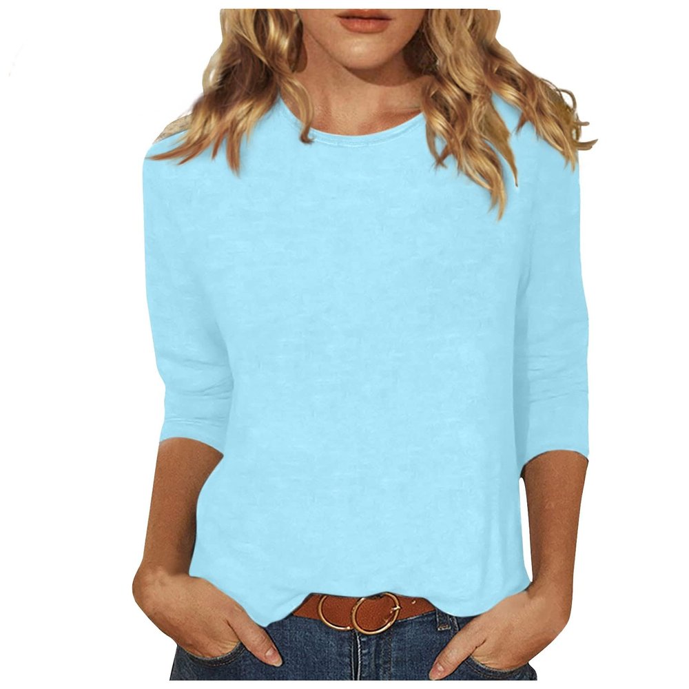 3/4 Sleeve Tops for Women Round Neck Loose Casual Tee Shirts Trendy Three Quarter Length Shirts Cotton Ethnic Solid Tunic Tops 3/4 Sleeve Tunic Tops for Women Shirts for Women Trendy Spring Sky Blue