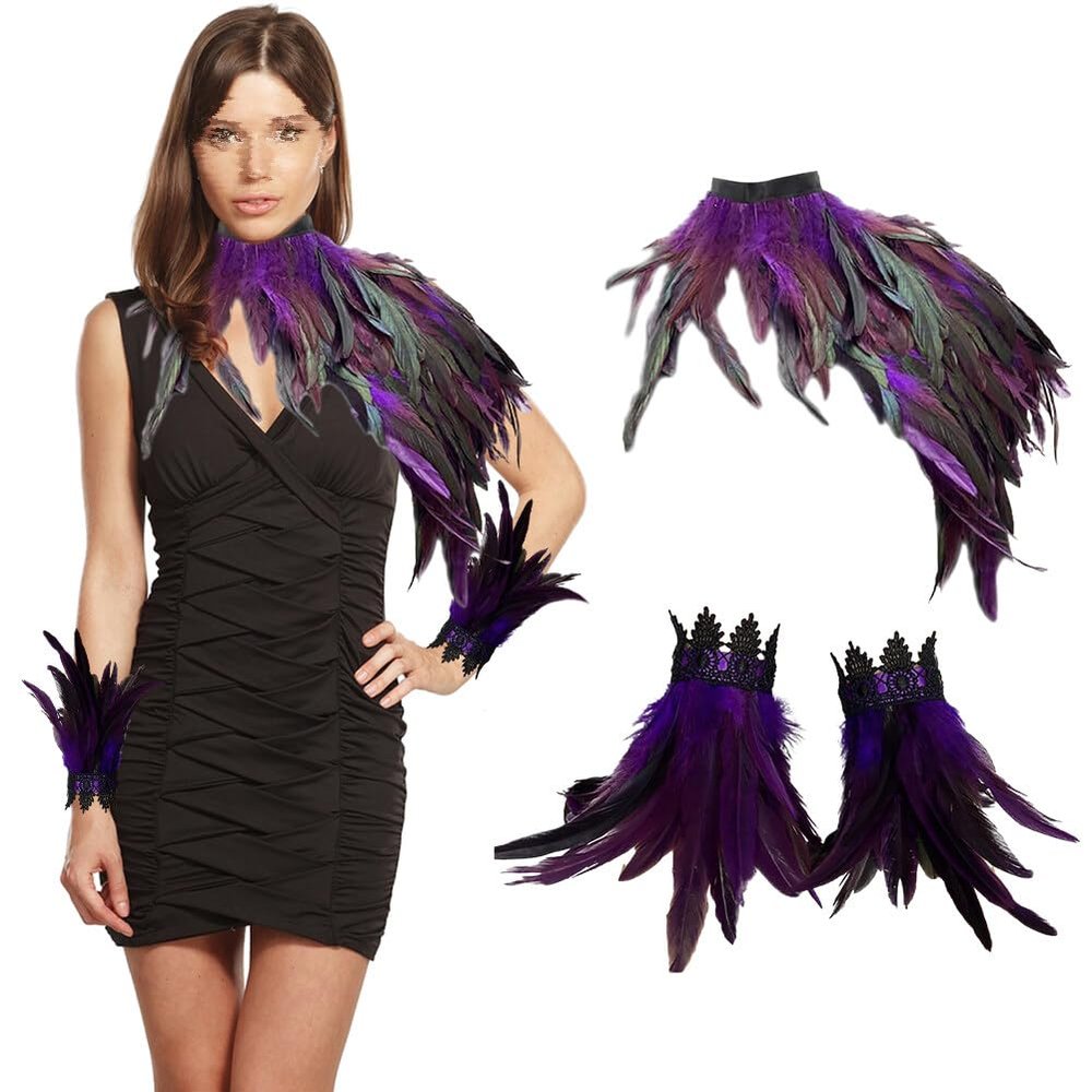 SEADEAR Gothic Feather Shrug Cape Shawl, Women Feather Shawl with Feather Cuffs Feather Cloak Halloween Maleficent Costumes