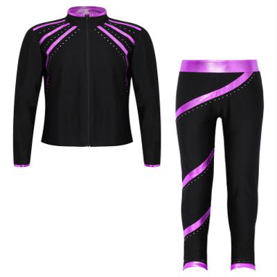 Hansber Kids Girls 2Pcs Figure Skating Suit Ice Skating Jacket with Practice Leggings Criss Cross Ice Skating Pants Set Purple 8 Years