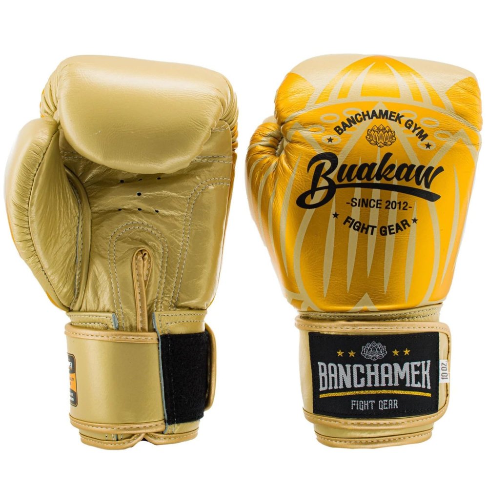 BUAKAW Muay Thai Boxing Gloves, Pro Training & Sparring, for Men & Women | Premium Quality Leather Kickboxing, MMA, Punching Bag Gloves (Gold/Gold, 12 Oz)