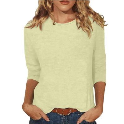 3/4 Length Sleeve Womens Tops Plus Size Casual Vintage Crewneck T Shirts Loose Fit Cotton Ethnic Dressy Shirts Cute Trendy Solid Tunic Tops Summer Floral Blouse Womens Blouses 3/4 Sleeve Beige