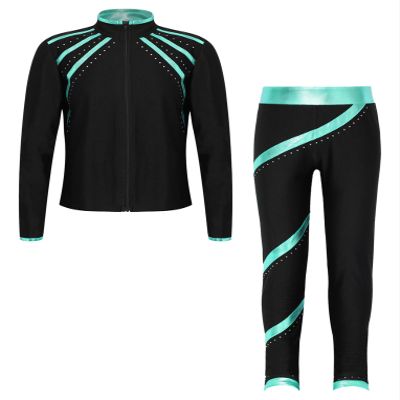 Hansber Kids Girls 2Pcs Figure Skating Suit Ice Skating Jacket with Practice Leggings Criss Cross Ice Skating Pants Set Cyan 6 Years