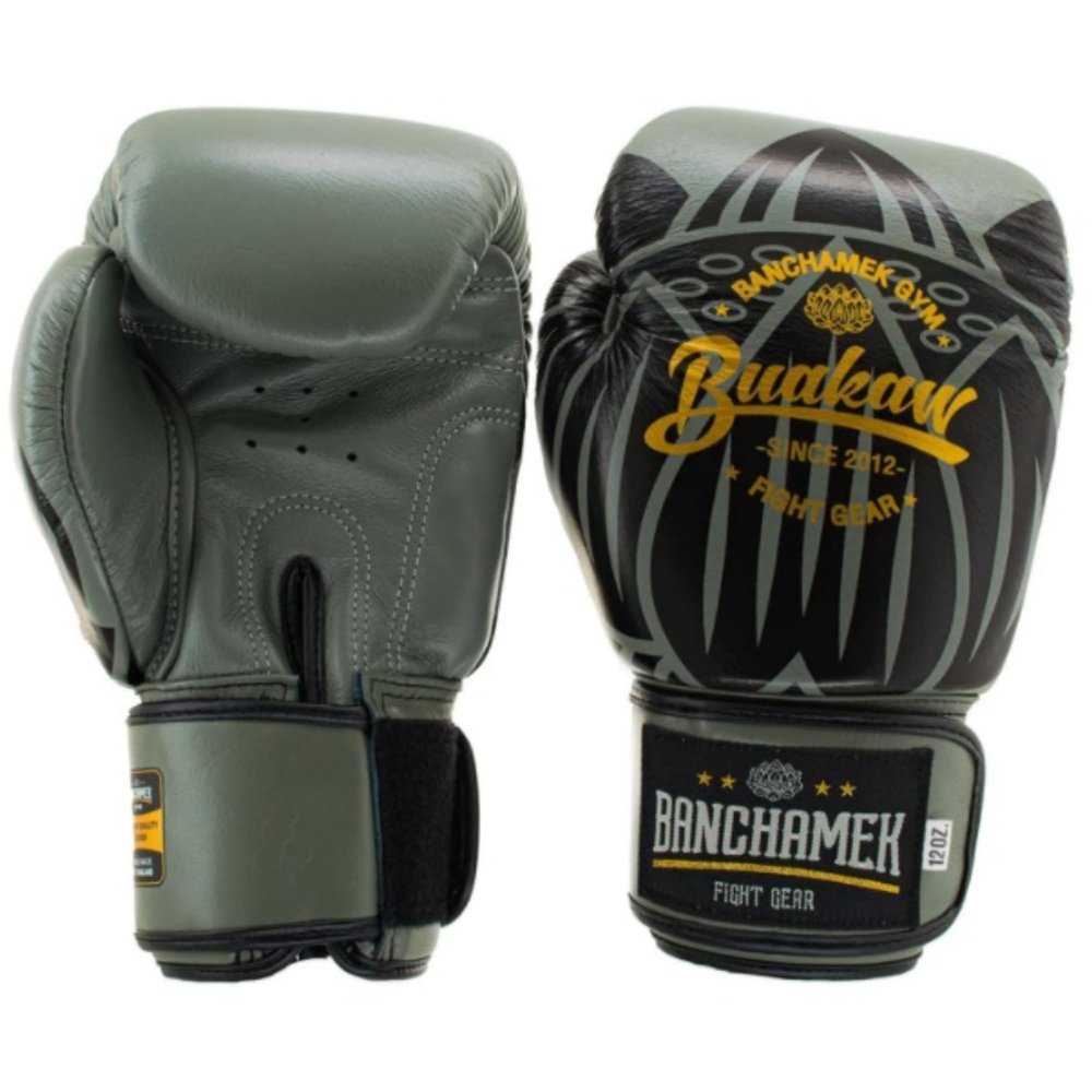 BUAKAW Muay Thai Boxing Gloves, Pro Training & Sparring, for Men & Women | Premium Quality Leather Kickboxing, MMA, Punching Bag Gloves (Gray/Black, 12 Oz)