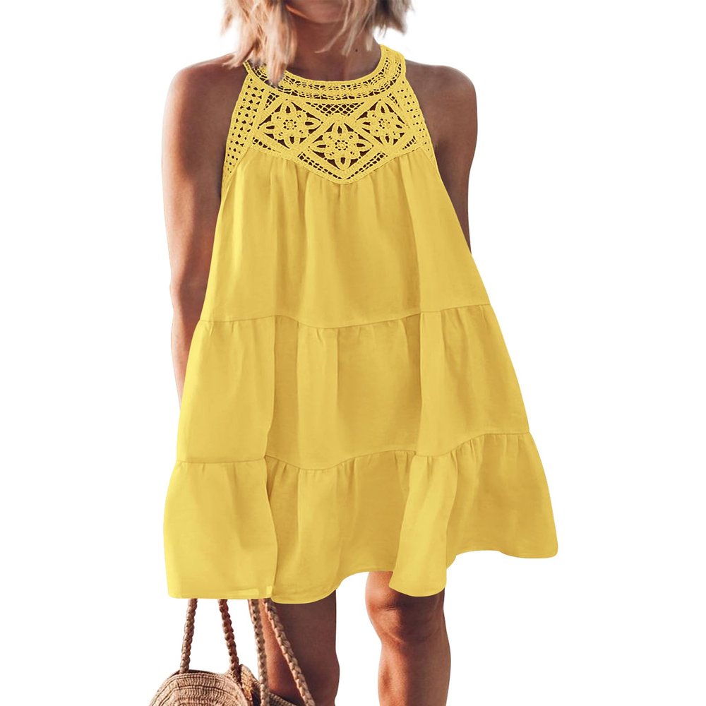 BTFBM Women Summer Dresses 2026 Casual Spring Clothes Sleeveless Halter Neck A-Line Boho Mini Dress Beach Vacation Sundress(Yellow, X-Large)
