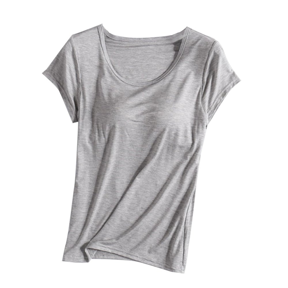 Huilaibazo Womens Built-in Bra T-Shirt Padded Active Yoga Tops Short Sleeves Plain Blouses Soft Pajama Casual Workout Shirts