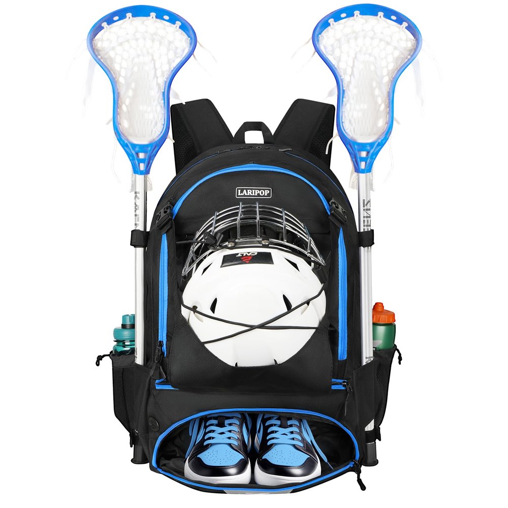 LARIPOP Lacrosse Bag Durable Equipment Backpack with 2 Stick Holders, Dedicated Helmet Compartment for Field Hockey, Youth & Adult Players