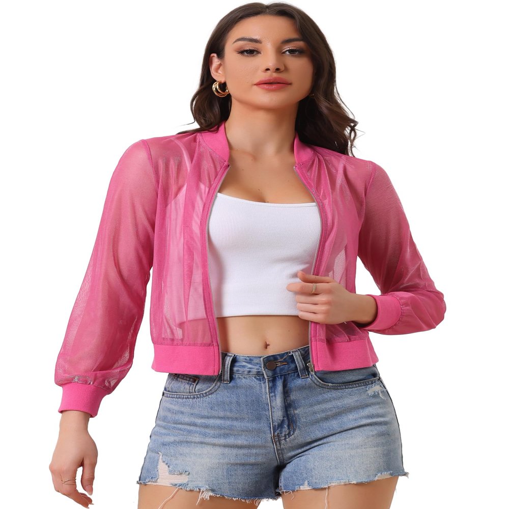 Allegra K Glitter Mesh Bomber Jacket for Women's Shiny Long Sleeve Party Club Zip Up Sheer Jackets Small Hot Pink