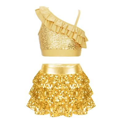 FEESHOW Kids Girls Sparkling Metallic Crop Top with A-line Skirt for Hip Hop Jazz Streetwear Dance Performance Party Yellow A 8 Years