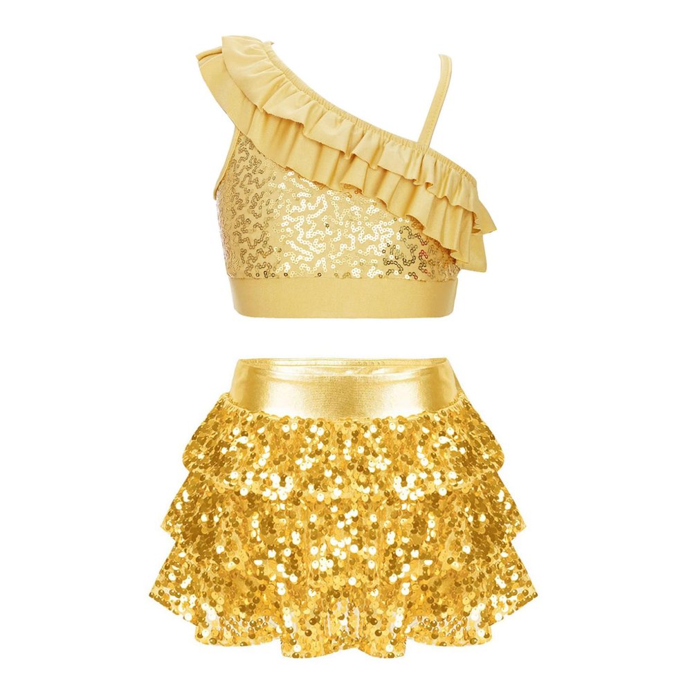 FEESHOW Kids Girls Sparkling Metallic Crop Top with A-line Skirt for Hip Hop Jazz Streetwear Dance Performance Party Yellow A 8 Years