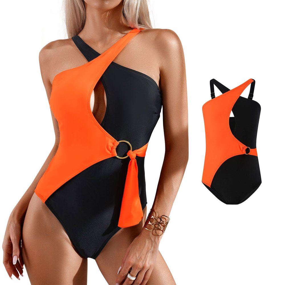 Family Matching Swimwear Fashion Print Beachwear Mother Daughter Swimsuits Father Son Swim Trunks Bathing Suit (Girl, Orange C, 6-8 Years)