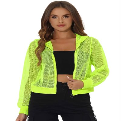 Allegra K Mesh Sheer Jacket for Women Long Sleeve Hoodie Zipper Up Lightweight Casual Outwear Night Out Party Outfit X-Large Neon Yellow