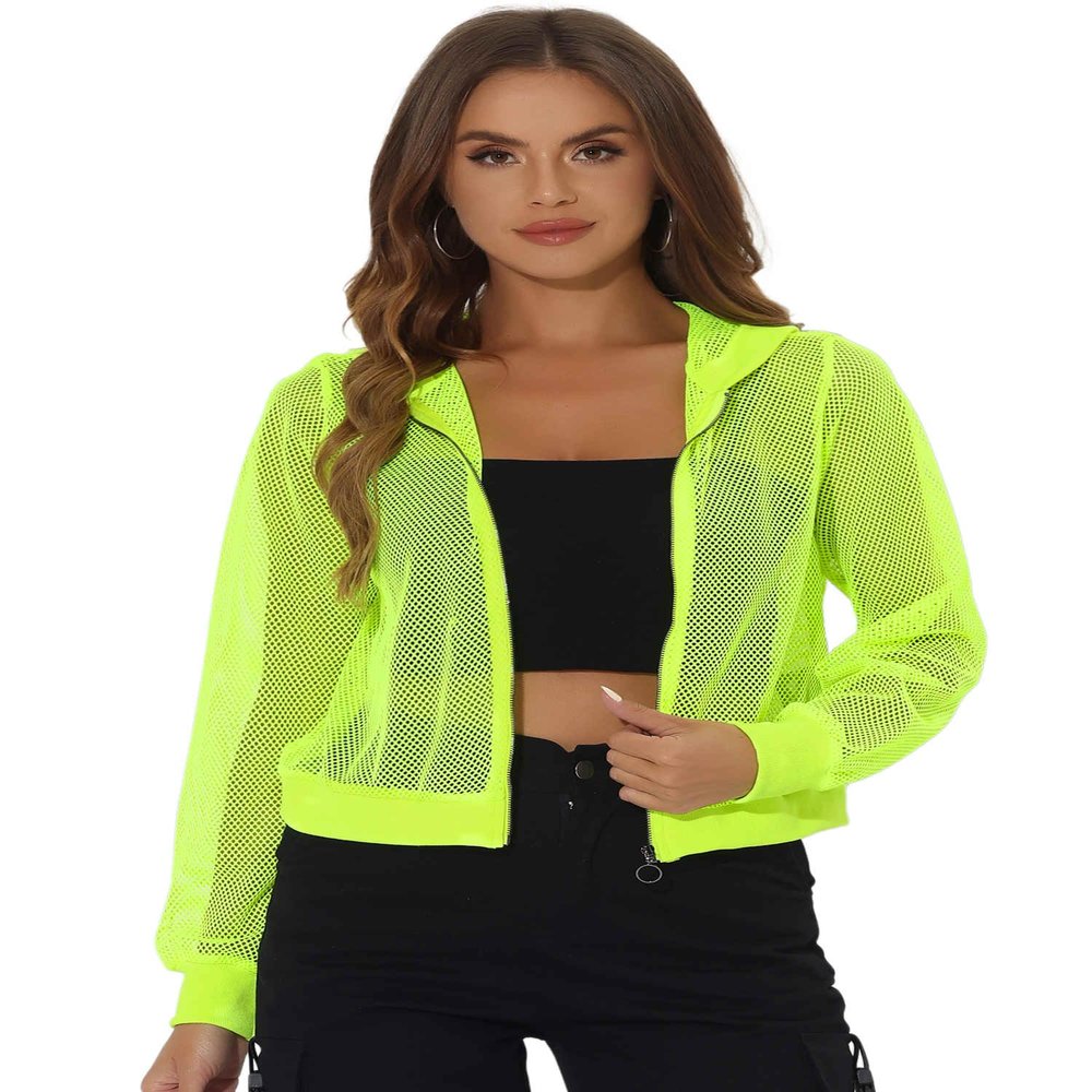 Allegra K Mesh Sheer Jacket for Women Long Sleeve Hoodie Zipper Up Lightweight Casual Outwear Night Out Party Outfit X-Large Neon Yellow