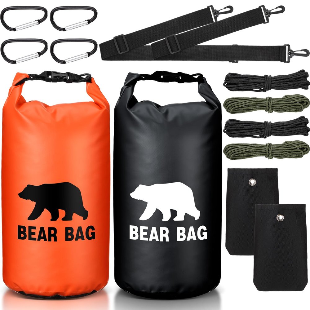 Foilswirl Bear Food Bag Hanging System - Ultralight, Waterproof, Includes 2 Bags, Pulley, 4 Ropes, 4 Clips, 2 Rock Pouches (Black, Orange)