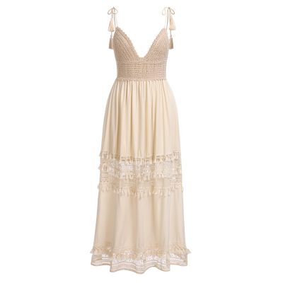 ABEWIP Womens Casual Boho Floral Lace V-Neck Dress Spaghetti Straps Casual Maxi Dress Bridesmaid Wedding Dresses Style 5 Beige M